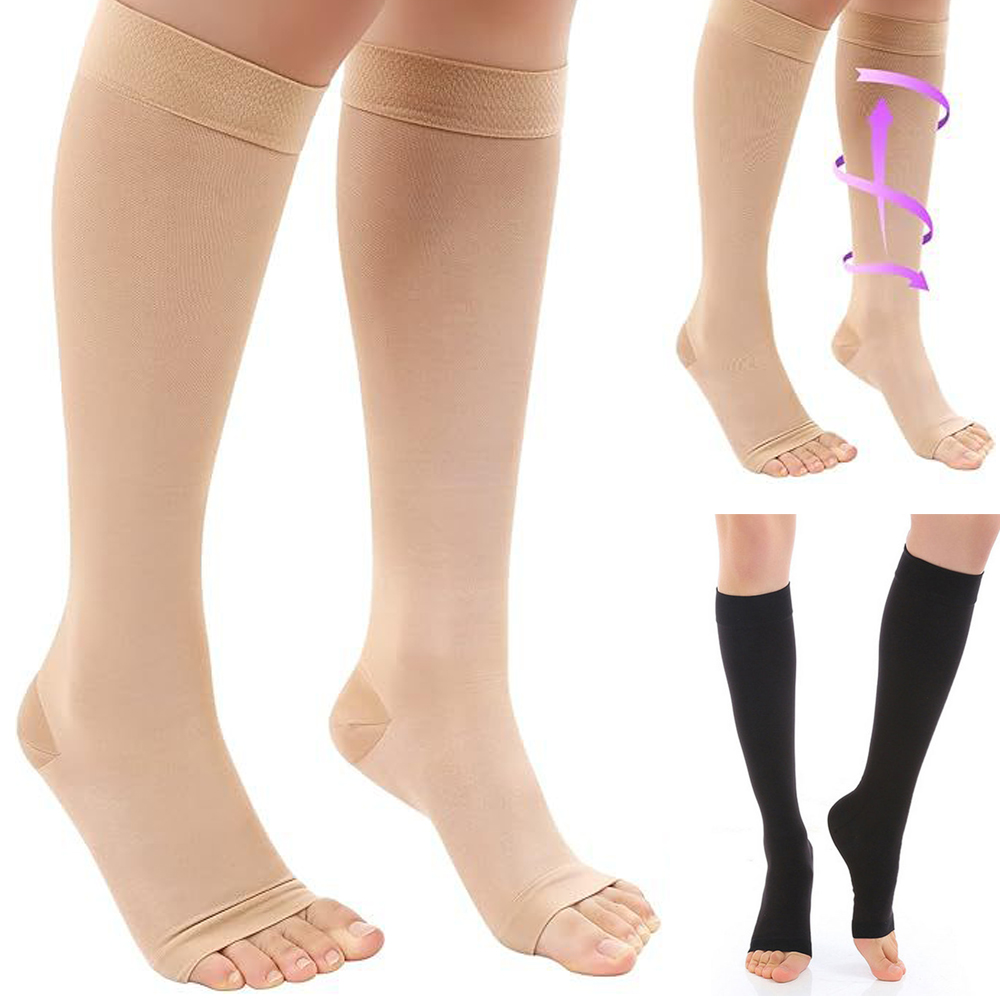 Compression Calf Sleeve - ถุงน่องทางการแพทย์แบบแรงกดทับระดับต่างๆ พร้อมดีไซน์ปลายเท้าเปิด ยืดหยุ่นสูง ระดับเข่า สำหรับเส้นเลือดขอด ขนาด